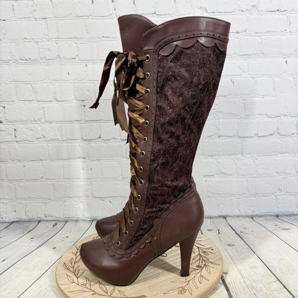 Ellie Victorian Steampunk Lace Up Knee High Boots Size 7 Brown Platform Goth - Picture 6 of 16
